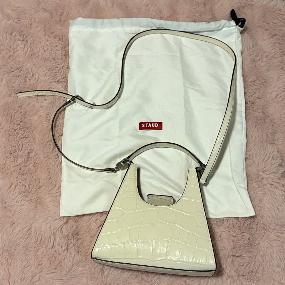 STAUD Ivory Croc-Embossed Shoulder Bag